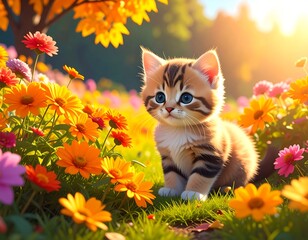 Cute kitten in a flower field
