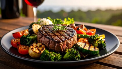 Grilled steak with roasted vegetables on a patio