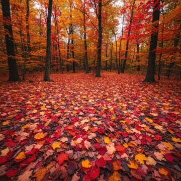 A vibrant carpet of multicolored autumn foliage covers the vast forest floor, showing nature's beautiful and inevitable seasonal transition ,scenic ,leaves ,beautiful