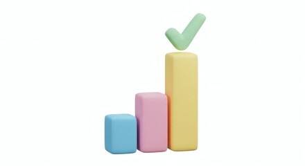 3D Pastel Bar Chart with Green Checkmark Symbolizing Success Growth and Achievement
