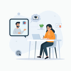 Online education concept illustration showing student learning from home through video call, virtual class, and e-learning on laptop. Distance learning, digital study, and remote tutoring vector.