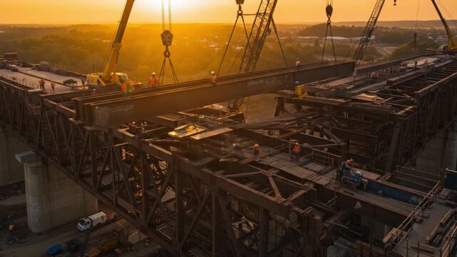 Bridge construction at sunset with cranes and steel beams.