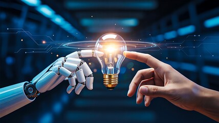 Human hand and robot hand touching light bulb, innovation and artificial intelligence collaboration concept
