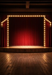 Rustic wooden theatre stage set inside a vintage western saloon hall. Red velvet curtains frame the backdrop and antique performance lighting ,performance ,show ,floorboards