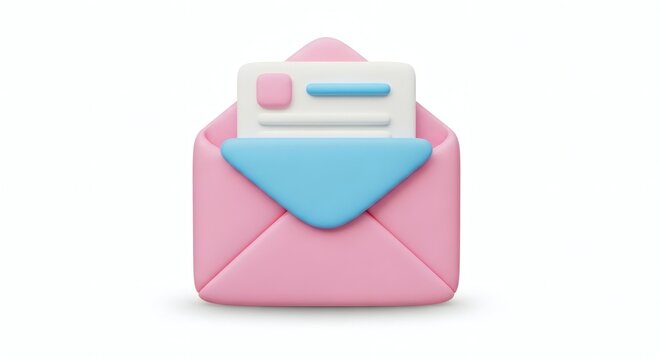 3D Clay Icon of Open Pink Email Envelope with Message on White Background