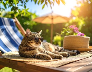 Cat relaxing in a garden sun lounger
