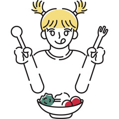 Young Girl With Pigtails Holds Spoon and Fork Ready to Eat From Bowl of Food Against Transparent Background Simple Line Art Style