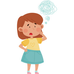 Young girl with brown hair and blue eyes wearing yellow t-shirt and blue skirt looking confused with a thought bubble overhead on a transparent background