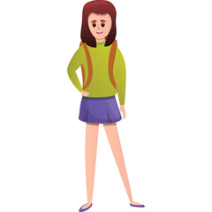Young girl with brown hair wearing green sweater and purple skirt with backpack on transparent background full body shot