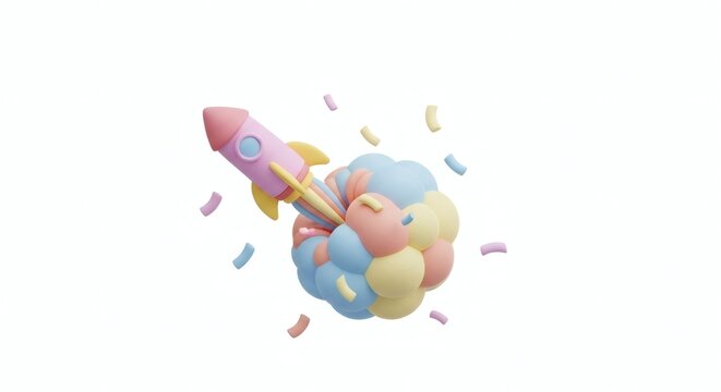 Cute 3D Cartoon Rocket Launching with Colorful Cotton Candy Smoke and Confetti on White Background