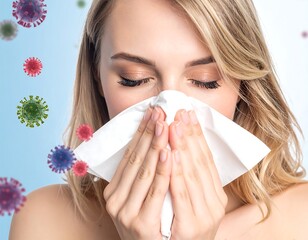 A woman with closed eyes using a tissue, surrounded by virus models