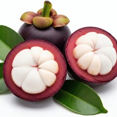 Delicious Fresh Mangosteen Fruit Cut Open Showing White Juicy Segments on White Background