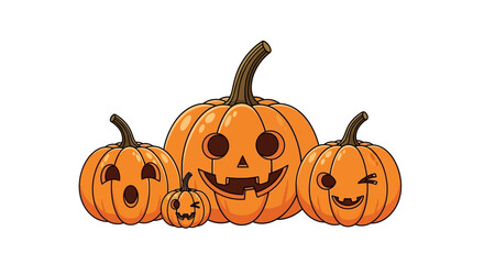 A cartoon illustration of four orange pumpkins with carved faces, resembling a family of jack-o'-lanterns, on a white background.