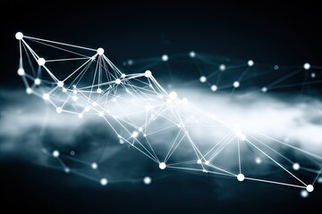 Networked nodes and lines overlayed on hazy blue-grey backdrop