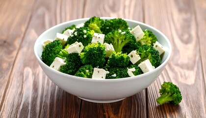 Fresh broccoli and feta salad in a white bowl