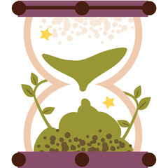 Stylized Hourglass with Green Sand Growing Plants and Stars Illustration in Earth Tones