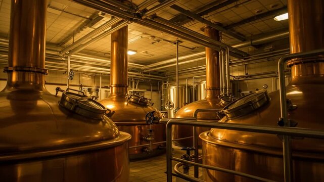 Copper brewing vats in a brewery.