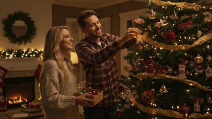 Couple Decorating Christmas Tree Together. - Powered by Adobe