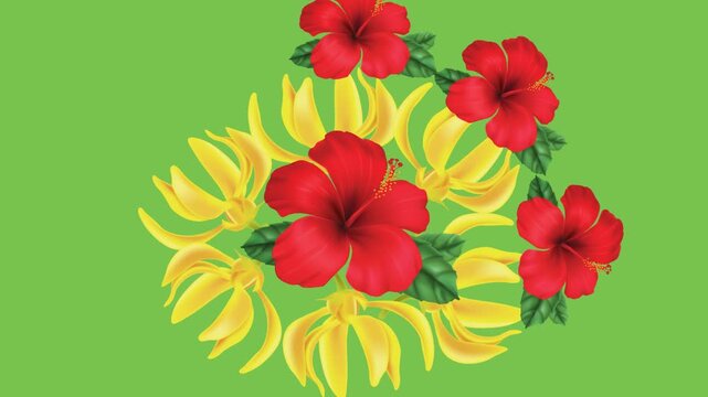 draw set of red lily flower decorate with green leaf, colourful butterfly and yellow flower in round shape on green screen background
