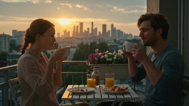 Couple enjoying breakfast on balcony with city skyline at sunrise.