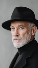 Black And White Close Up Portrait Of A Mature Man Wearing A Black Fedora Hat And Black Turtleneck Sweater With A Gray Textured Background Studio Lighting Soft Shadows