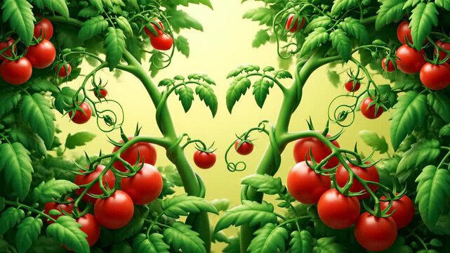 A seamless looping animation featuring abstract stylized tomato plant vines growing and intertwining in a vibrant, organic pattern against a soft, gradient background visual effect, looping, modern