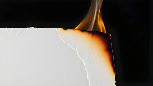 Intense orange flames rapidly consume the crisp edge of a blank white sheet of paper, dramatically illustrating the concepts of destruction, change, and the irreversible passage of time