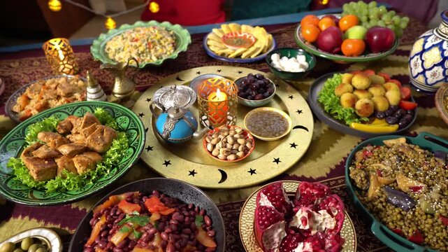 Halal food for Iftar in Ramadan. A Muslim table features traditional dishes like dates, biryani, kebabs, hummus, tabboule, and flatbread. 