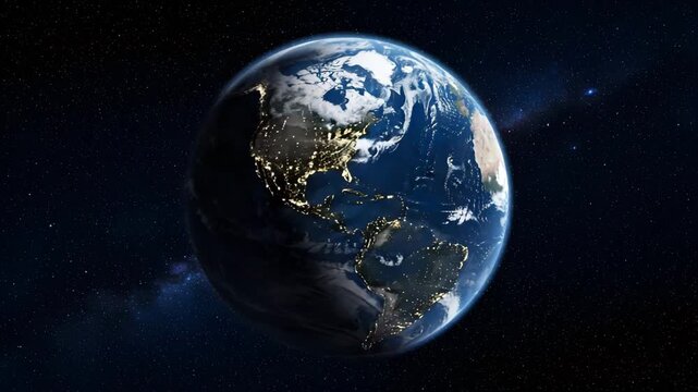 Rotating earth planet animation in deep space with atmosphere and clouds