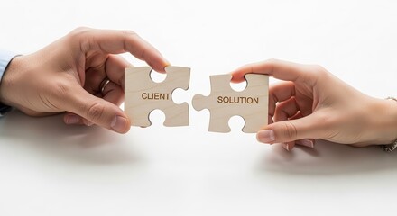 Hand of a man and woman completing a wooden puzzle with CLIENT and SOLUTION text, symbolizing partnership, problem-solving, and a successful business strategy.