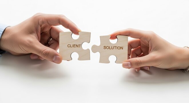 Hand of a man and woman completing a wooden puzzle with CLIENT and SOLUTION text, symbolizing partnership, problem-solving, and a successful business strategy. - Powered by Adobe