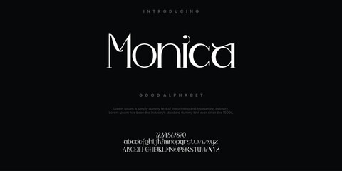 Monica Abstract Fashion font alphabet. Minimal modern urban fonts for logo, brand etc. Typography typeface uppercase lowercase and number. vector illustration