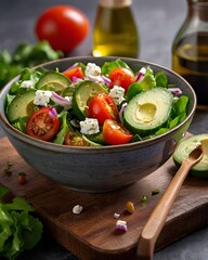 “Fresh Avocado Garden Salad with Cherry Tomatoes, Cucumber, and Feta in Rustic Bowl”