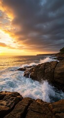 Obraz premium Tropical oceanic evening scene featuring enormous crashing waves hitting a rugged rocky coastline under a dramatically colorful sky during the golden hour light ,surge ,evening ,outdoor