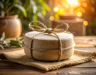 Round cheese gift wrapped in burlap twine on wooden table