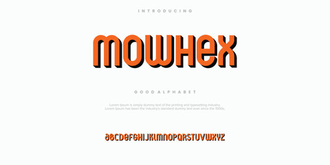 Mowhex futuristic minimalist display font design, alphabet, typeface, letters and numbers, typography.
