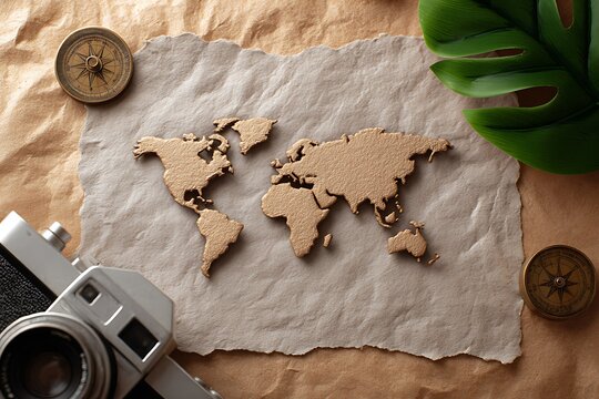 Overhead flat lay shot featuring tiny paper cutouts of a world map, a vintage camera, and an antique compass, symbolizing global travel planning and adventure - Powered by Adobe