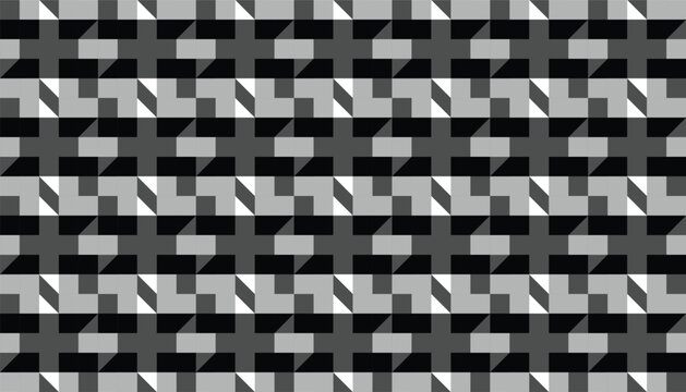 A seamless geometric pattern in black, white, and gray tones featuring diagonal lines and square shapes arranged in a repetitive optical layout