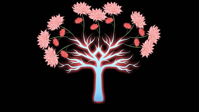 draw set of pink flower decorate with tiny red flower on stylish surface on black screen background
