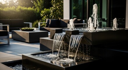 Modern outdoor patio with tiered water feature, seating, and lush greenery