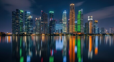 Obraz premium Modern city skyline at night, illuminated by various colors, reflecting on calm water