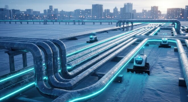 Icy landscape with industrial pipes glowing a cerulean blue, city skyline in background