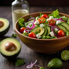 “Fresh Avocado Garden Salad with Cherry Tomatoes, Cucumber, and Feta in Rustic Bowl”