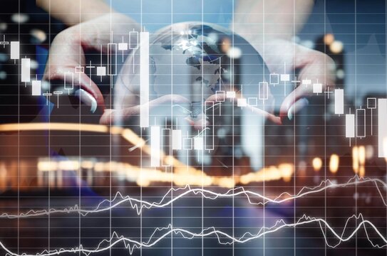 Earth sphere with candlesticks growing lines. online trading concept - Powered by Adobe