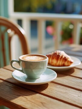 Fresh Breakfast, Flaky Croissant and a cup of coffee Juice on a Wooden Table