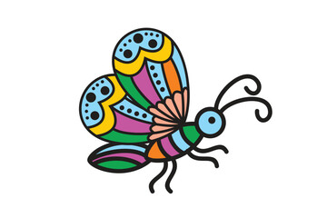 Vector illustration of a colorful butterfly in decorative cartoon style.