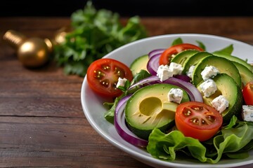 “Fresh Avocado Garden Salad with Cherry Tomatoes, Cucumber, and Feta in Rustic Bowl”