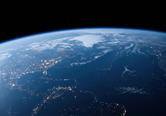 Dramatic view of the blue planet Earth seen from orbital altitude, featuring the colorful sunrise illuminating the atmospheric layer and curvature ,sphere ,ray ,altitude