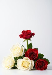 Elegant arrangement of fresh white and vibrant red rose blossoms isolated against a bright, stark white studio background ,anniversary ,copy space ,nature