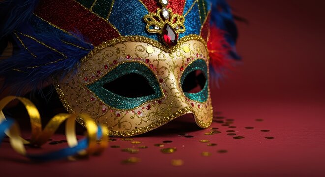 Elegante maschera di carnevale riccamente decorata con piume colorate, glitter dorati e perline brillanti, sfondo festivo e vibrante ,mystery ,handcrafted ,celebration.